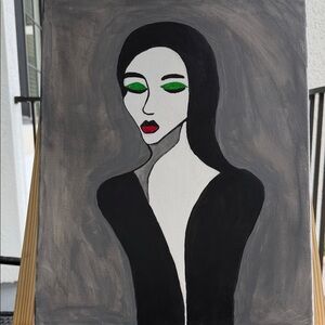 Abstract Portrait Painting with Green and Red Accents